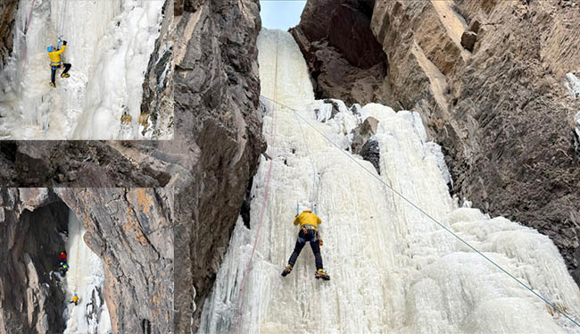 Donmuş şəlaləyə &ccedil;ıxan alpinistlər Qarsın qış turizminə yeni nəfəs veriblər