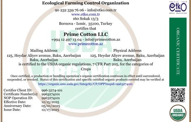 Azərbaycan pambıq sektorunda tarixi ilk: Prime Cotton USDA NOP Orqanik Sertifikatını əldə edən ilk şirkət oldu