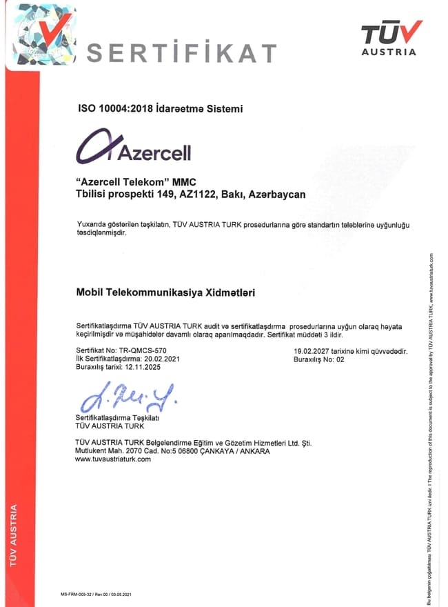 Azercell növbəti dəfə keyfiyyətin idarə olunması üzrə beynəlxalq sertifikatını yenilədi