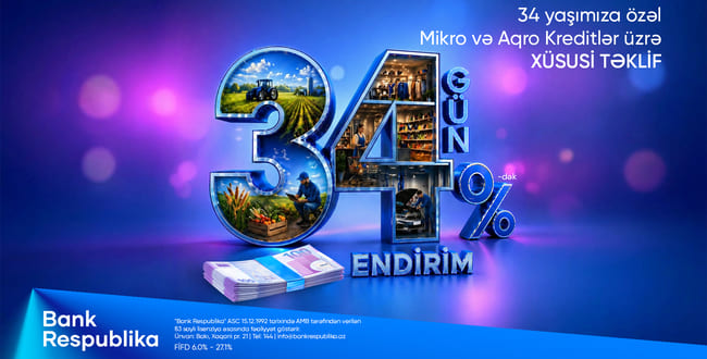 Bank Respublika sahibkarlara &ldquo;34 G&Uuml;N - 34% ENDİRİM&rdquo; kampaniyasına start verib