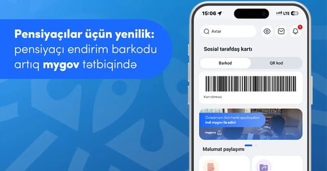 Pensiya&ccedil;ılar &uuml;&ccedil;&uuml;n endirim barkodu artıq mygov mobil tətbiqindədir!